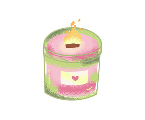 Cute decorative candle in a jar with heart label, painted in soft pastel colors. Ideal for cozy, romantic, or spa-related visuals.