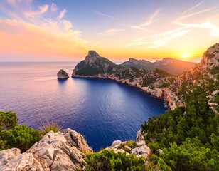 Dramatic sunset over Mediterranean coastline