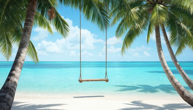 Tropical paradise beach scene with palm trees framing wooden swing over crystal clear turquoise ocean water. Serene white sand shore under bright blue sky with fluffy clouds, perfect for summer