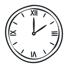 Minimalistic black and white clock illustration with roman numerals. Vector illustration