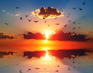 Dramatic sunset over water with birds
