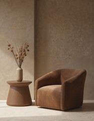 Modern brown armchair with curved design pairs with a matching side table holding a vase of dried flowers. Textured wall backdrop. Contemporary living room furniture offers comfort and style.
