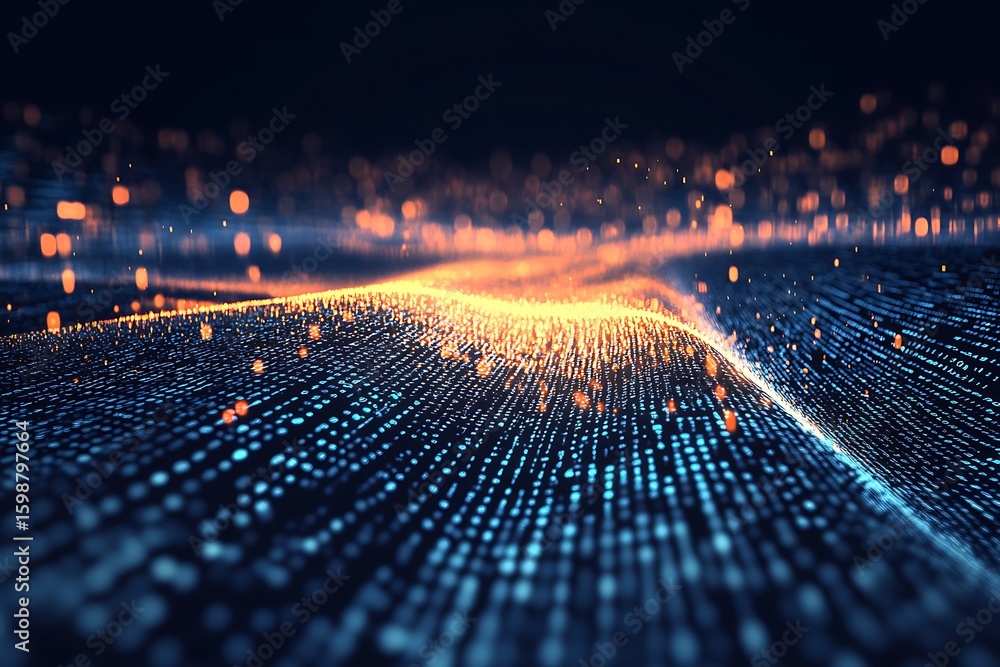 Poster abstract digital landscape with glowing particle field and futuristic technology