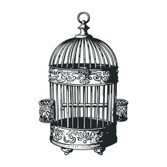 Ornate vintage birdcage with floral details and open door. Vector illustration