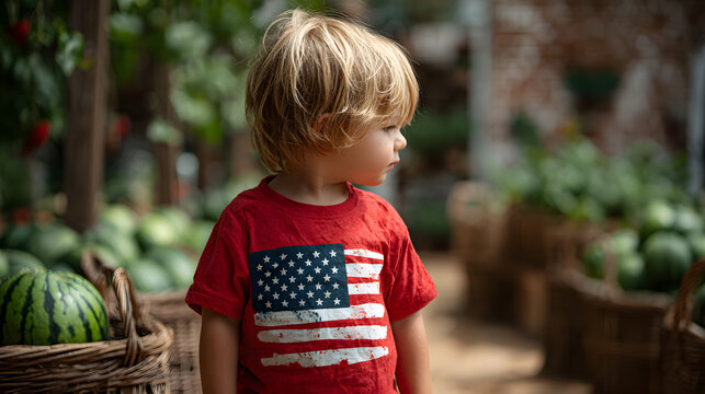 Child watermelon American flag shirt summer outdoor smiling patriotic USA. Kid celebrating 4th of July, family gathering USA patriotic moment