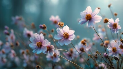 A field of pink flowers with a blue sky in the background. The flowers are in full bloom and are scattered throughout the field. Scene is peaceful and serene, as the flowers are a symbol of beauty