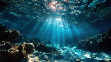 Fototapeta premium A beautiful underwater scene with sunlight shining through the water. The water is clear and blue, and there are many rocks and coral in the area. The sunlight creates a peaceful and serene atmosphere