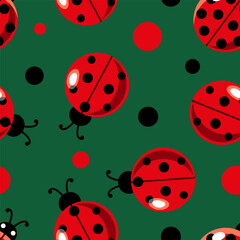Seamless Ladybug Pattern Green background with black and red dots. Seamless ladybug pattern. Ideal for fabrics, wallpapers and nature-themed designs