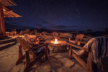 Rustic night with crackling wood fire pit under starlit sky. Choosing fire pits. Selecting the perfect fire pit type for your yard: wood or gas options. Wood vs gas. Patio design.