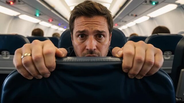 Terrified passenger grips airplane seat armrest during emergency flight turbulence with flickering cabin lights creating panic