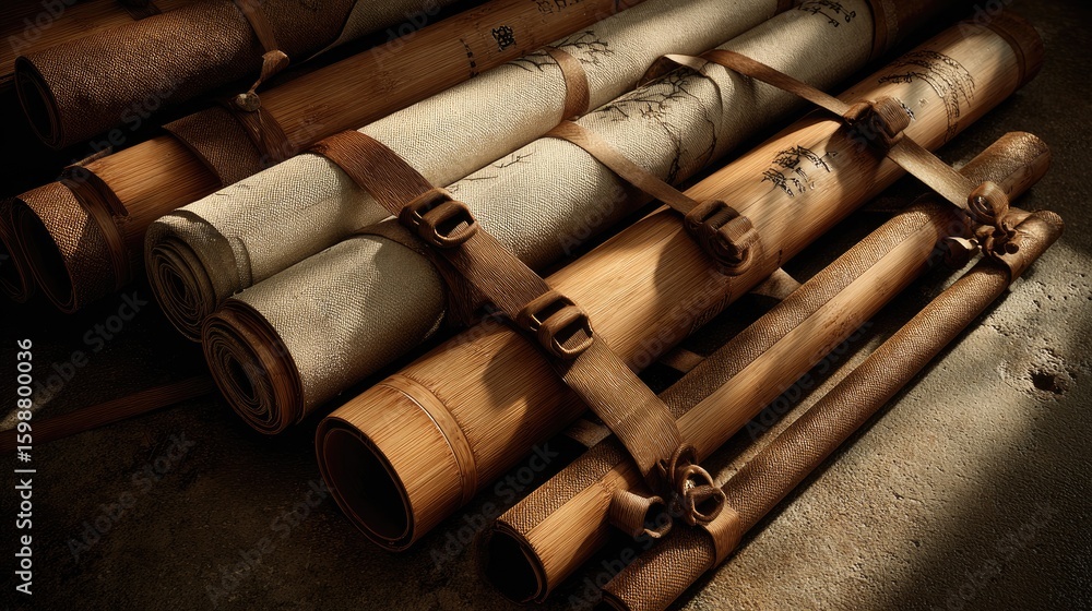Poster rolled up scrolls resting on a surface.