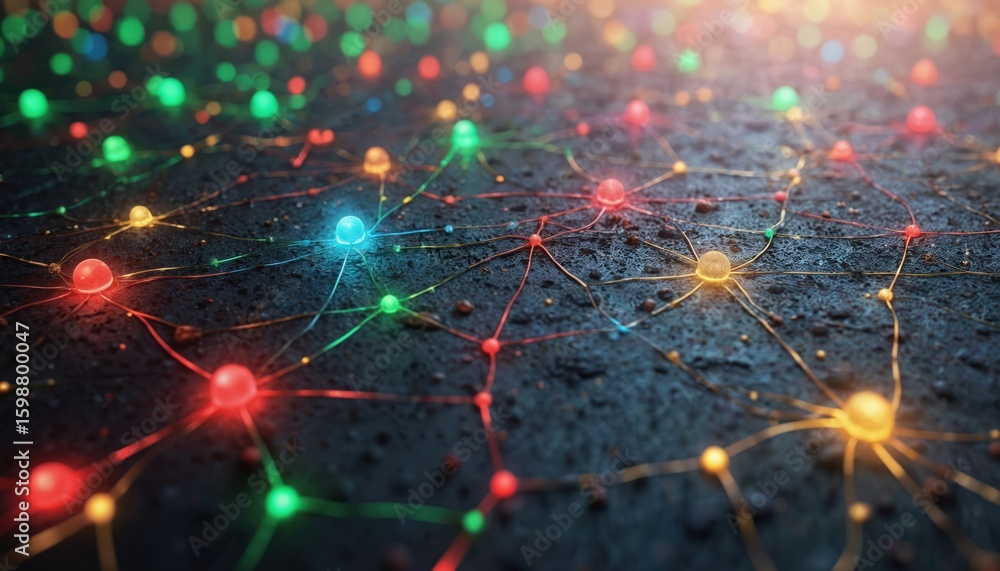 Poster abstract visualization of interconnected lines, nodes forming illuminated patterns. features vibrant