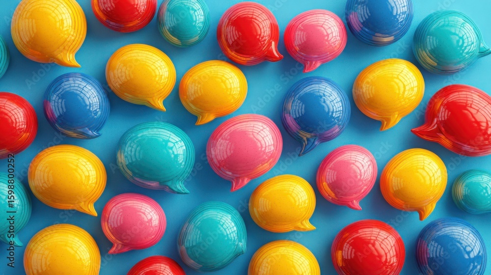 Poster a colorful array of small, round, painted balloons with different colors and shapes. the balloons ar