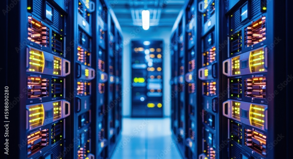 Poster industrial passage in a cloud computing hub with illuminated hardware units on both sides.