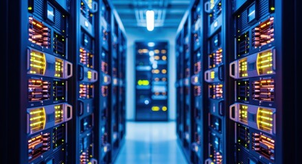 Industrial passage in a cloud computing hub with illuminated hardware units on both sides.