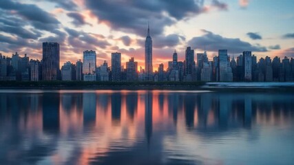 New York City skyline at sunrise reflected in calm water - Powered by Adobe