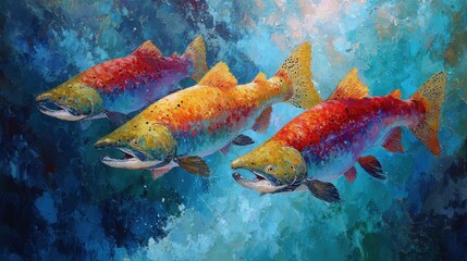 Three fish are swimming in the ocean. The fish are orange and red. The painting is of a beautiful scene of fish swimming in the ocean