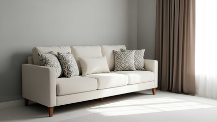 Modern Beige Sofa with Decorative Cushions in a Sunlit Living Room, Elegant Home Decor