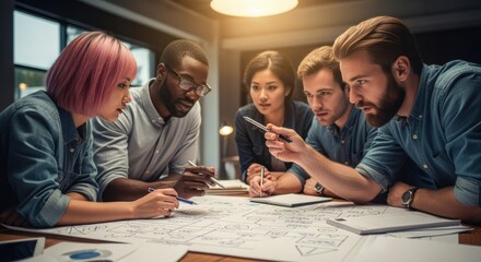 Creative session with specialists analyzing schematic diagrams