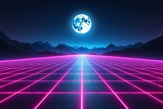 Synthwave Landscape with Moon and Grid Lines
