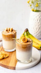 Banana bread latte, iced banana milk coffee, creamy layered latte, banana espresso drink, summer banana beverage, trendy dessert coffee, glass banana latte, banana slice garnish, cozy banana drink
