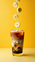 Banana iced latte, banana milk swirl, cold banana coffee, banana espresso drink, tropical summer beverage, creamy layered latte, banana slices drop, vibrant coffee drink, trendy iced coffee