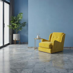 Modern living room features bright yellow armchair against serene blue wall. Grey marble flooring complements sleek design. Small side table holds green plant, adding touch of nature. Clean,
