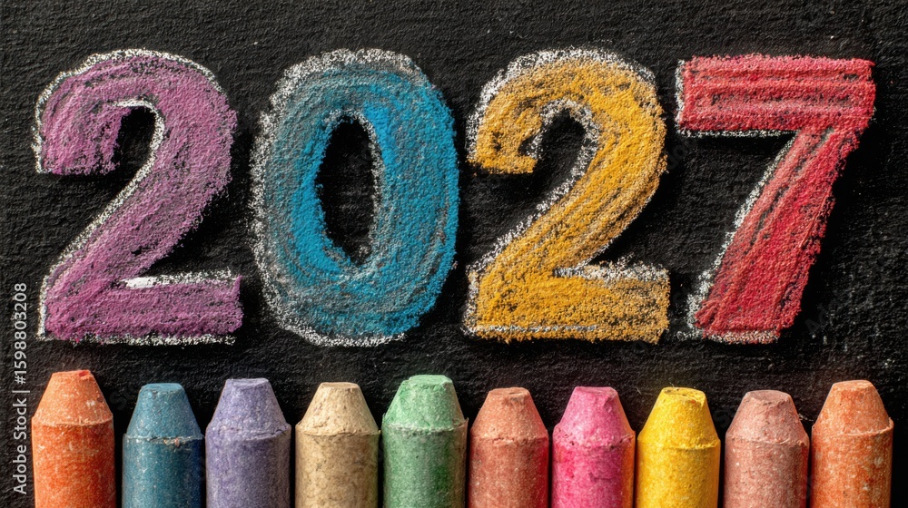 Poster the year 2022 is written in colorful chalk on a blackboard. the chalk is arranged in a row, with eac