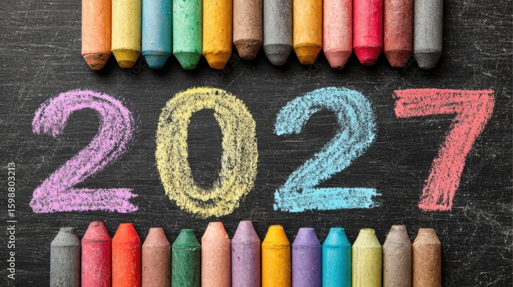 Poster a chalkboard with the number 2017 written in colorful chalk. the chalk is arranged in a rainbow patt