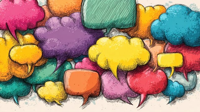 A colorful drawing of many speech bubbles with a variety of colors. The drawing conveys a sense of communication and conversation