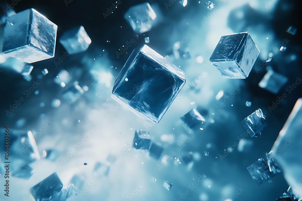 Poster floating ice cubes with blue hue and abstract background design