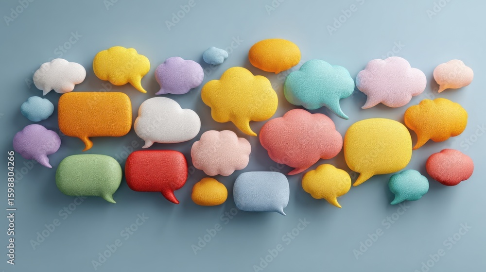 Poster a bunch of colorful speech bubbles are arranged in a row. the speech bubbles are of different sizes 