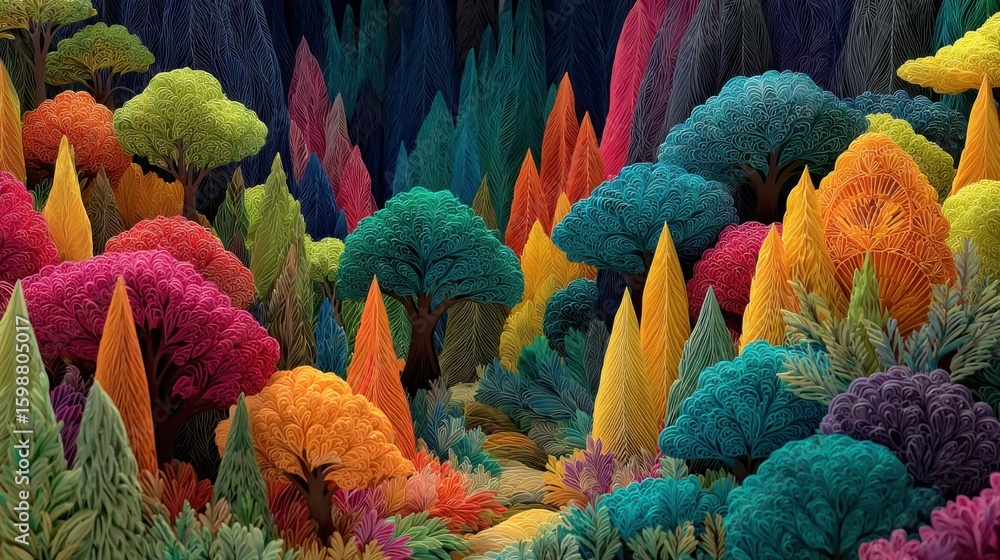 Poster a colorful forest with trees of different colors. scene is vibrant and lively. the idea behind the i
