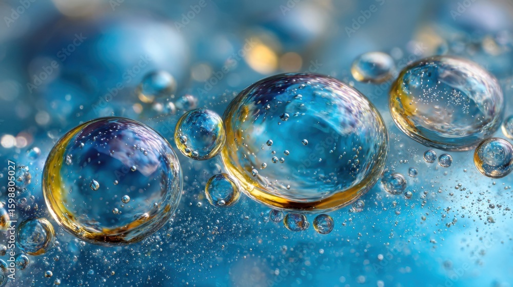 Poster three large bubbles of water with a blue background. the bubbles are in different sizes and are floa