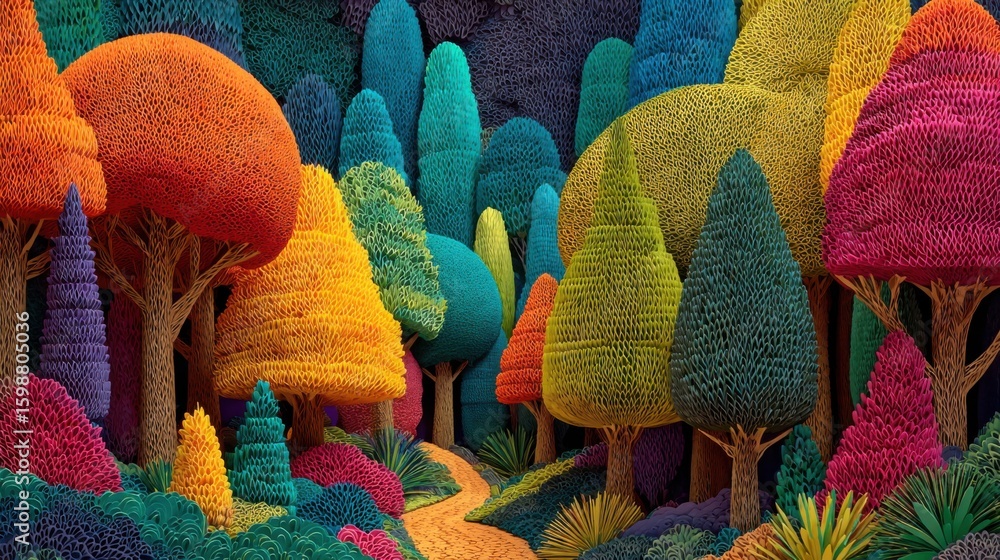 Poster a colorful forest with trees of different colors. scene is cheerful and vibrant. the idea behind the