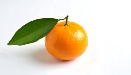 Single orange with leaf on white background