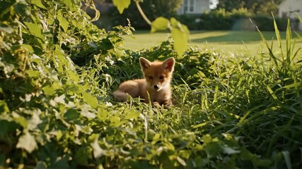 newborn fox - A serene scene of a fox resting in lush green grass surrounded by vibrant foliage, with a peaceful suburban background hinting at tranquility and nature