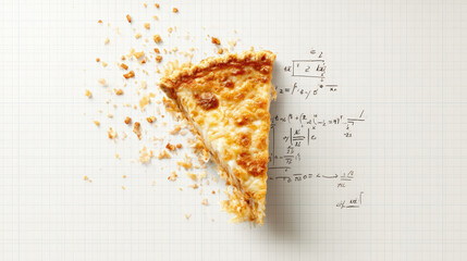 A slice of pie transitions from realistic crumbs to mathematical equations on graph paper, blending...