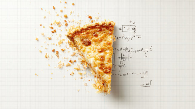 A slice of pie transitions from realistic crumbs to mathematical equations on graph paper, blending food and science concepts. - Powered by Adobe
