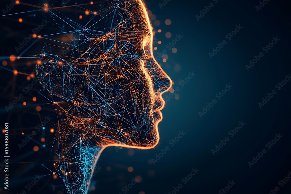 Poster connected human profile with digital network data flow technology concept