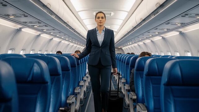 Confident woman walking toward camera in airplane cabin as she approaches with determined stride and purposeful movement