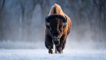 American Bison Charging Through Snow-Covered Field, Wildlife Portrait