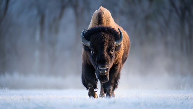 American Bison Charging Through Snow-Covered Field, Wildlife Portrait