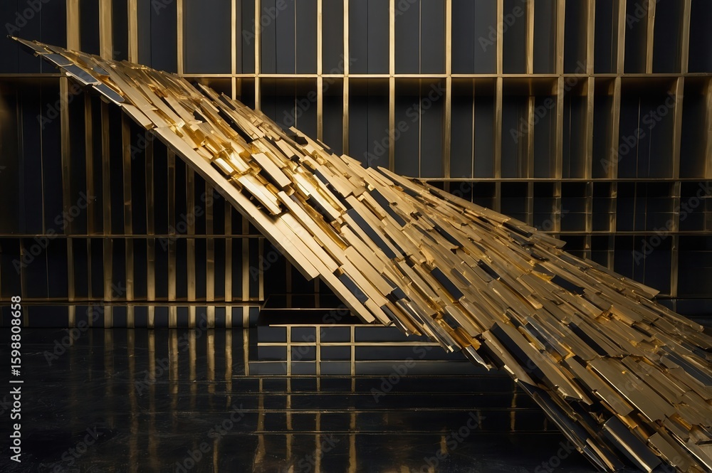 Aufkleber intricate golden installation art featuring stacked rectangular elements against a structured backdr