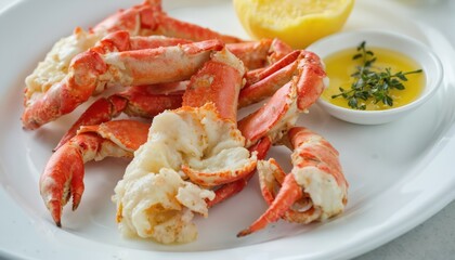 Delicious king crab legs served with melted butter, fresh herbs, lemon wedge on white plate. Gourmet seafood dish offers rich, elegant dining experience, perfect for celebrations special occasions.