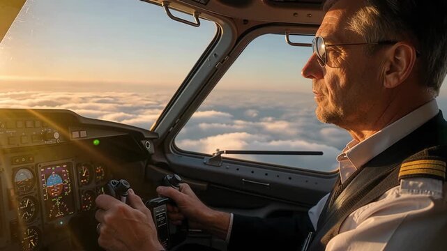 Professional pilot making precise aircraft control adjustments in cockpit during golden hour flight with stunning cloudscape view