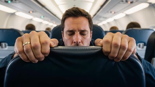 Nervous passenger gripping airplane armrests tightly during takeoff showing flight anxiety and fear of flying