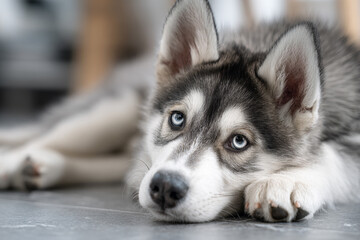 Obraz premium A husky puppy lying on a gray, patterned, polished floor.