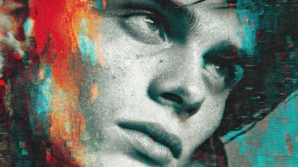 A man's face is shown in a blurry, colorful, and abstracted way. The image is a collage of different colors and textures, giving it a unique and artistic feel