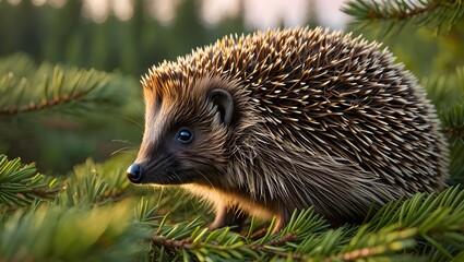 Spiky Hedgehog Hiding in Pine Needles - Wildlife Portrait